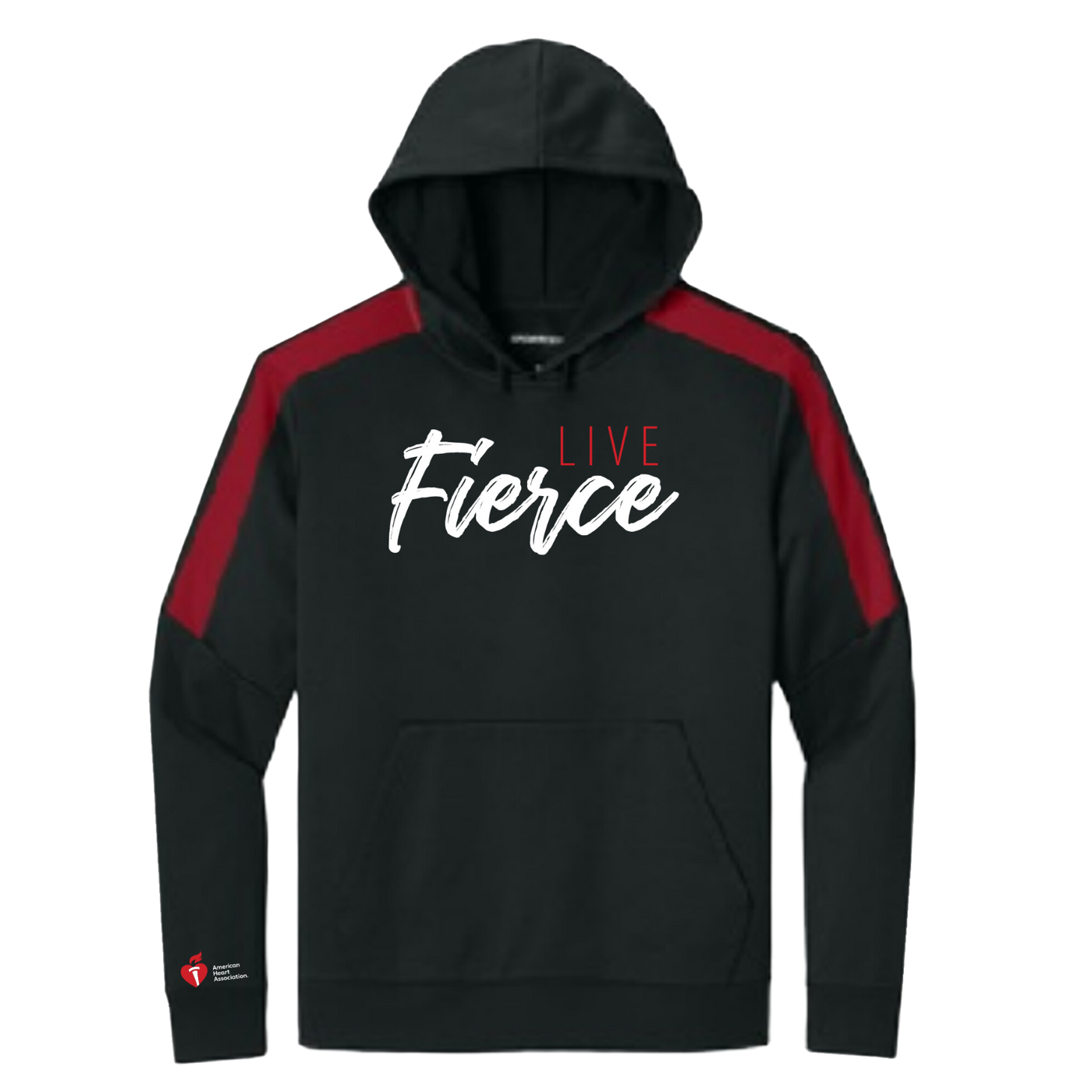 Front: Black hoodie with Live Fierce design center chest. Red shoulder stripes and AHA logo on bottom of left sleeve.