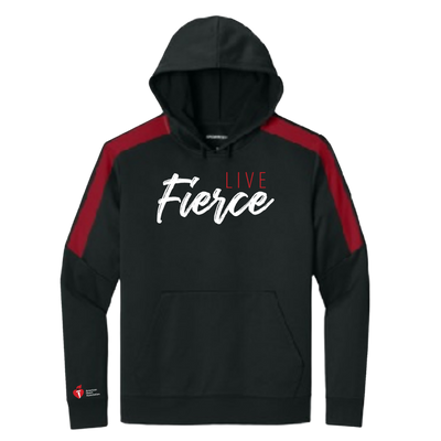 Front: Black hoodie with Live Fierce design center chest. Red shoulder stripes and AHA logo on bottom of left sleeve.