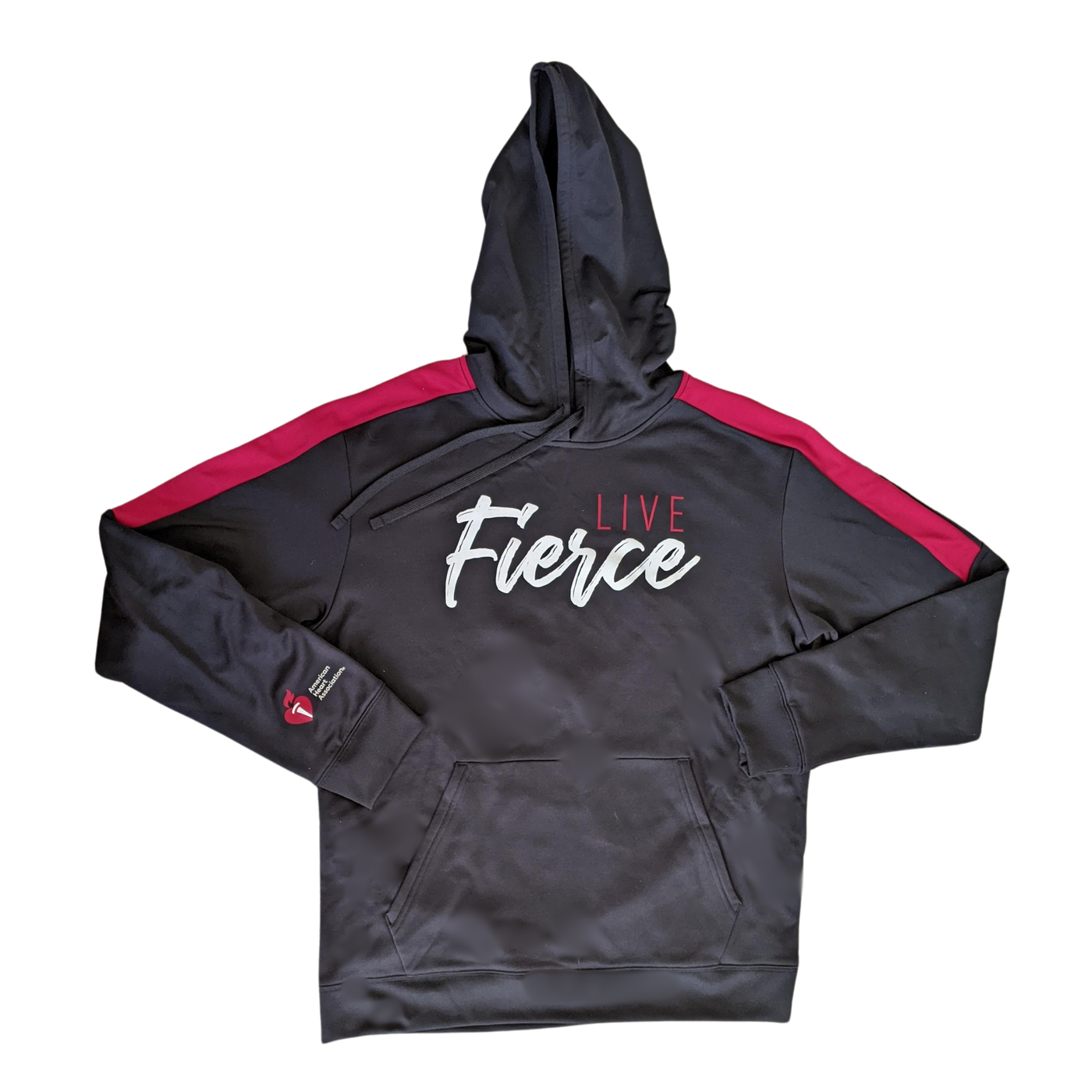 Front: Black hoodie with Live Fierce design center chest. Red shoulder stripes and AHA logo on bottom of left sleeve.