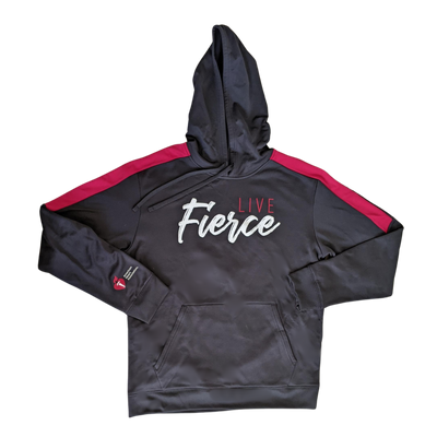 Front: Black hoodie with Live Fierce design center chest. Red shoulder stripes and AHA logo on bottom of left sleeve.