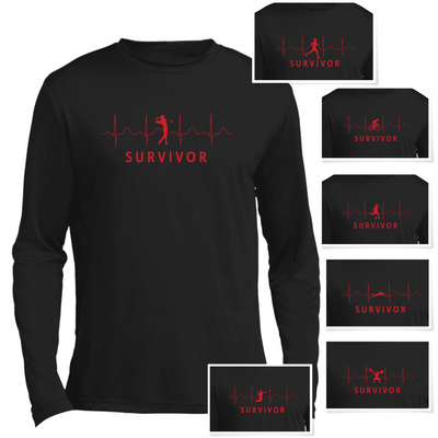 Black long-sleeve tee with "SURVIVOR" text along with a golfer icon with EKG lines behind