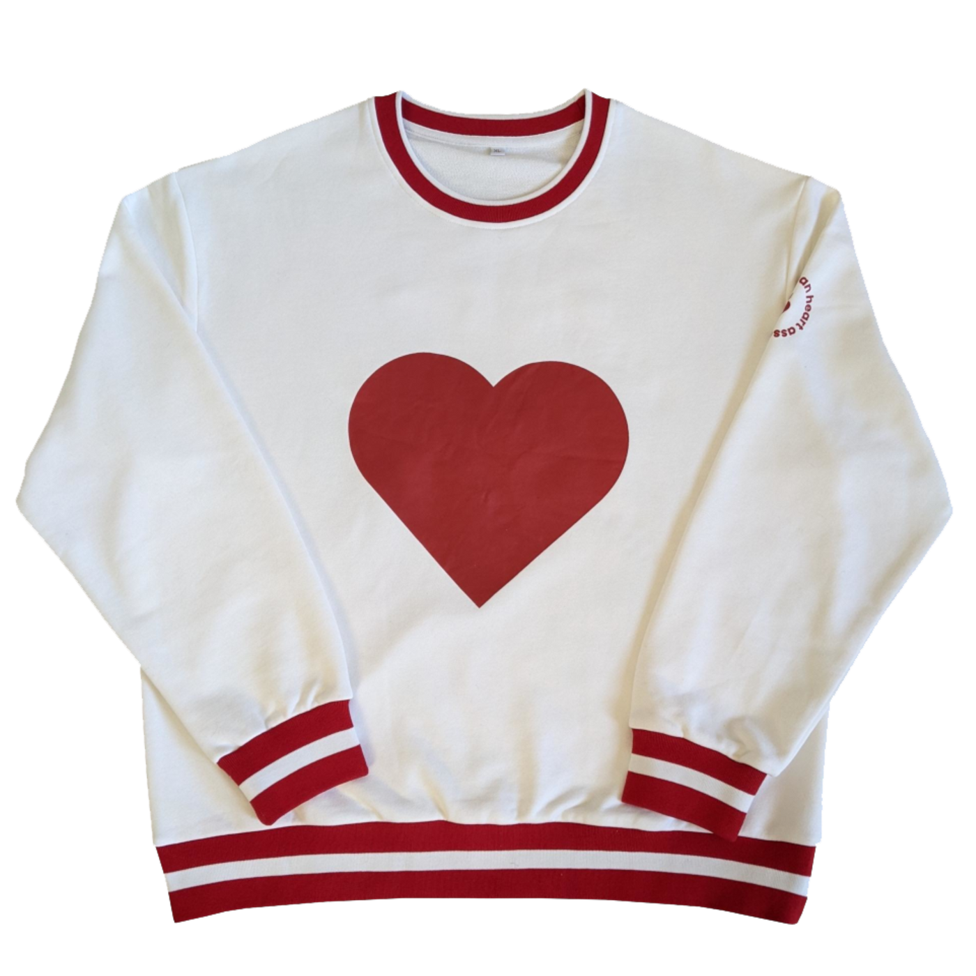 Front of white sweatshirt has a large red heart.  AHA name and logo on sleeve. neck and cuffs have red stripes for a varsity look. 