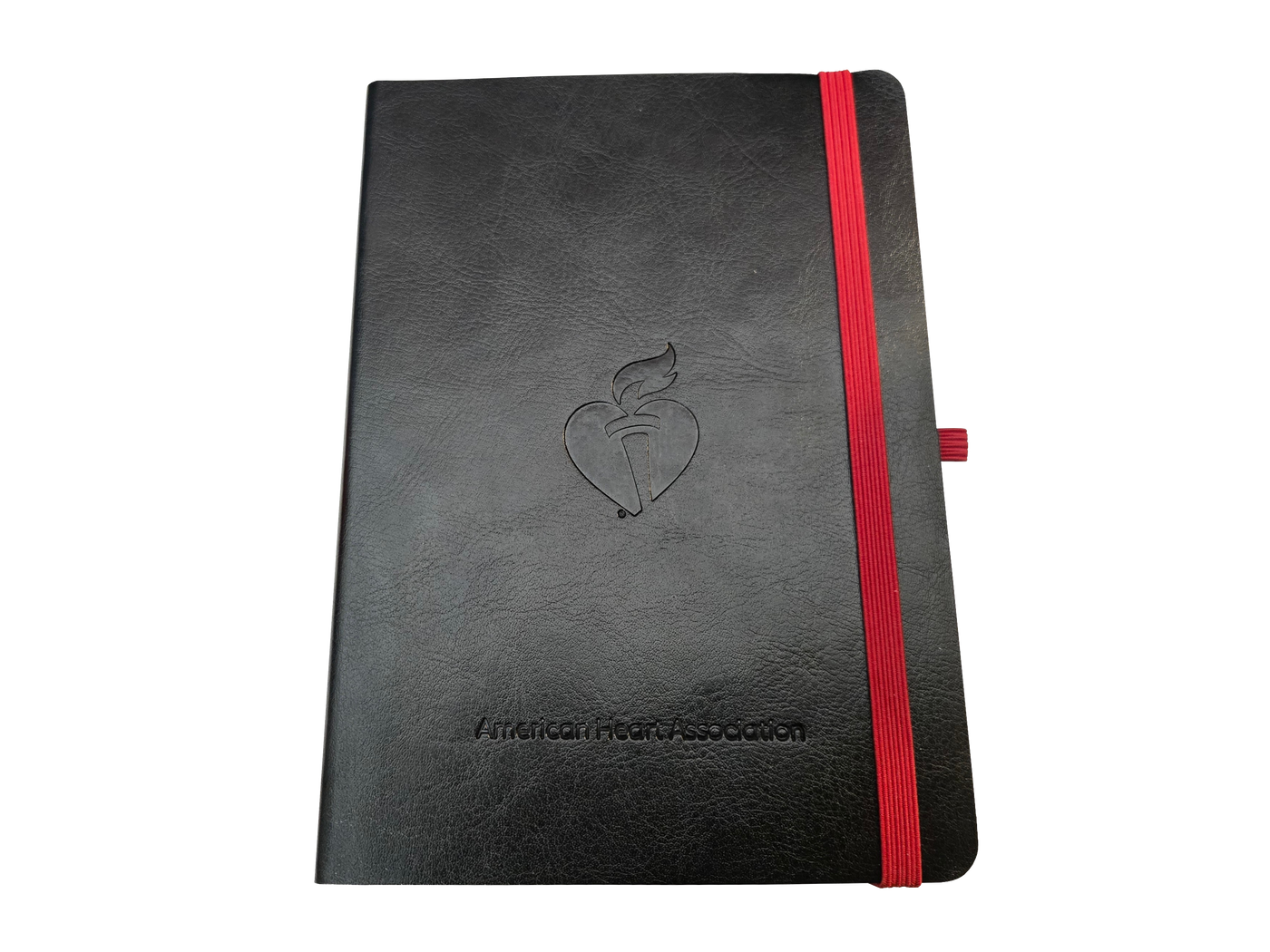 Black leather style cover with debossed Heart and Torch logo center and "American Heart Association" text on bottom. Red strap on right side to keep it closed.