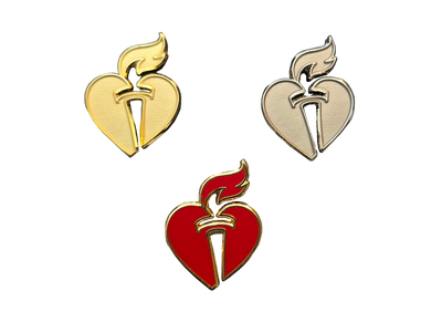 Three heart and torch lapel pins: gold, silver and red.