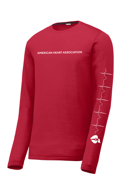 Red shirt with "American Heart Association" text across the chest along with an EKG line and AHA Heart and Torch logo down the left sleeve.