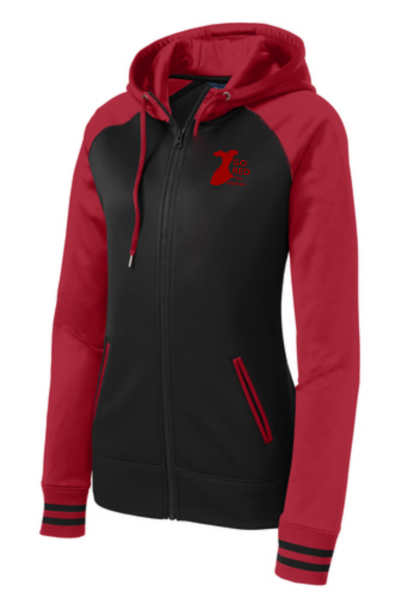 Red and black full zip hoodie with Go Red for Women logo on left chest. Red sleeves with black stripes on cuffs.