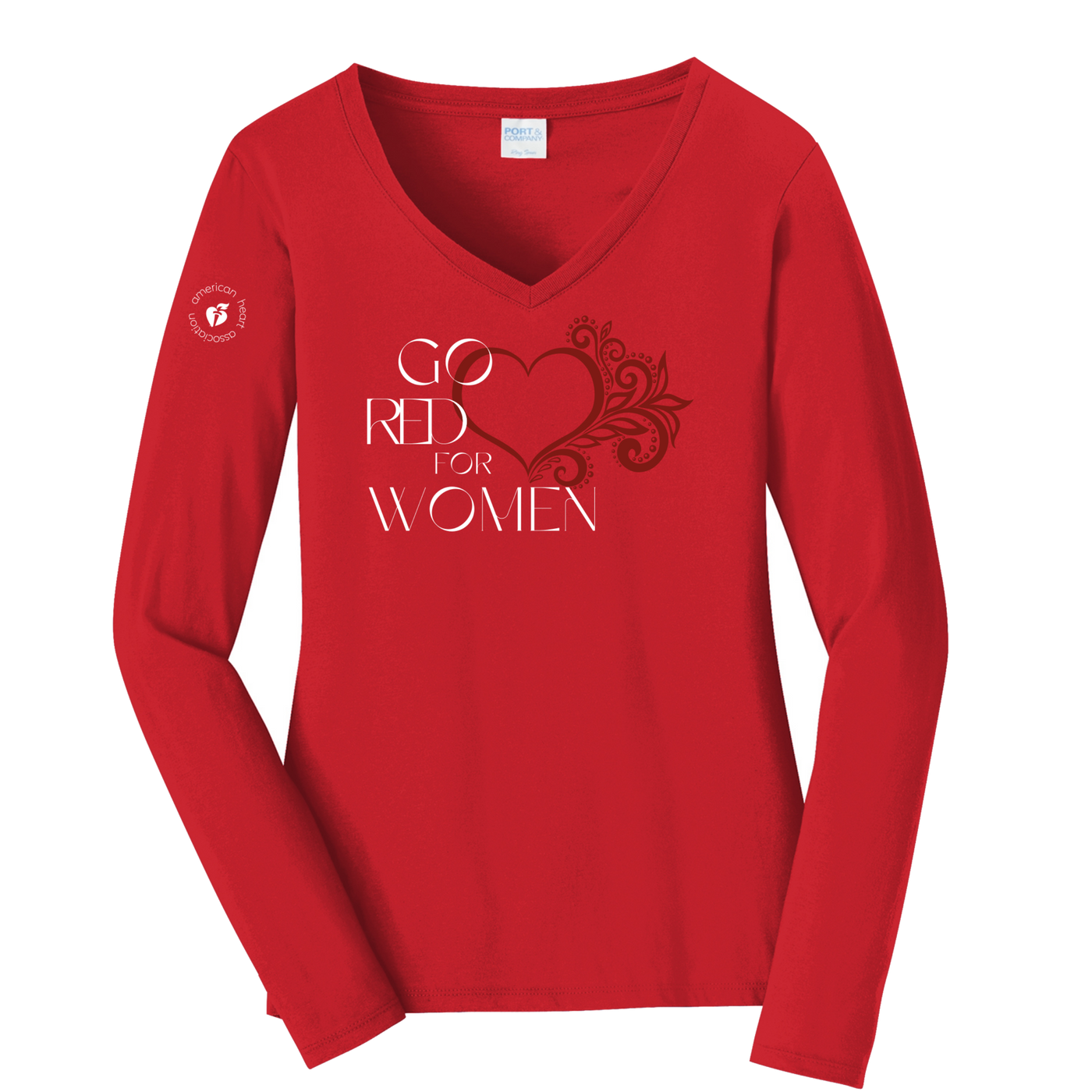 Front: Red V-neck shirt with "Go Red for Women" text and a heart design featured on center chest. Circle AHA logo placed on upper right sleeve. 