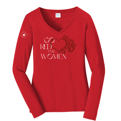 Front: Red V-neck shirt with "Go Red for Women" text and a heart design featured on center chest. Circle AHA logo placed on upper right sleeve. 