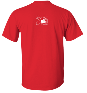 Back of shirt: Go Red for Women logo featured on upper back.