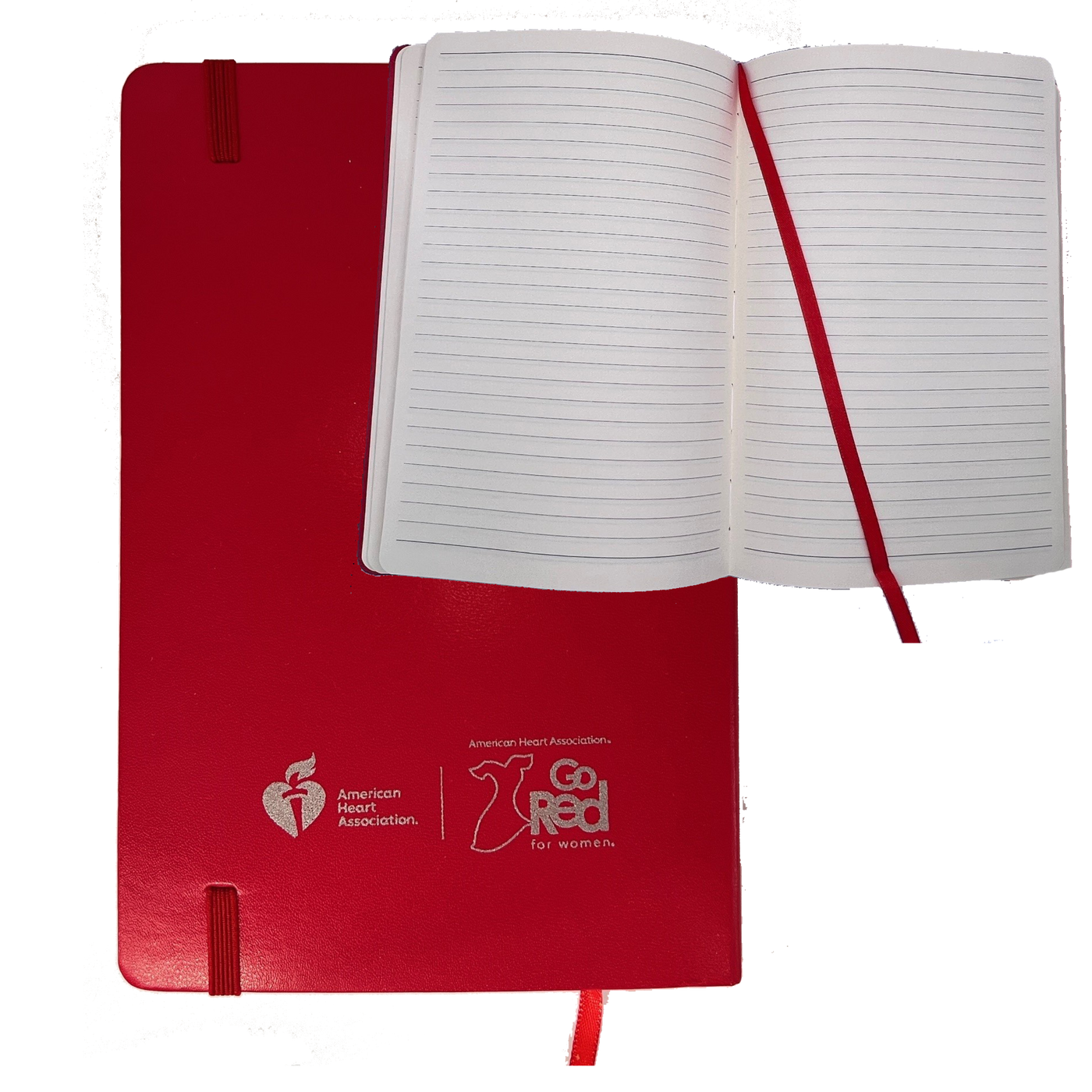 back of red journal with AHA and Go Red for Women logos in silver metallic ink. Inside of journal with lined paper and red ribbon bookmark.