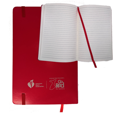 back of red journal with AHA and Go Red for Women logos in silver metallic ink. Inside of journal with lined paper and red ribbon bookmark.