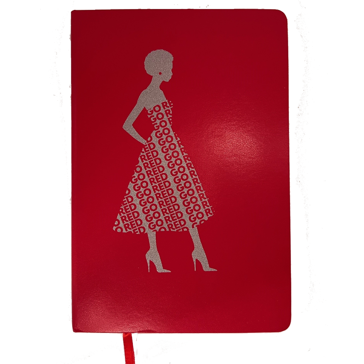 Red journal with a lady in a dress with the pattern GO RED repeated throughout printed in silver metallic ink.