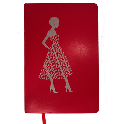 Red journal with a lady in a dress with the pattern GO RED repeated throughout printed in silver metallic ink.