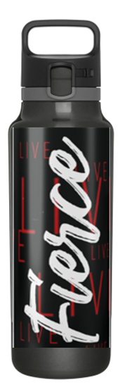 Black and grey water bottle with carry handle and wrap around Live Fierce design. 