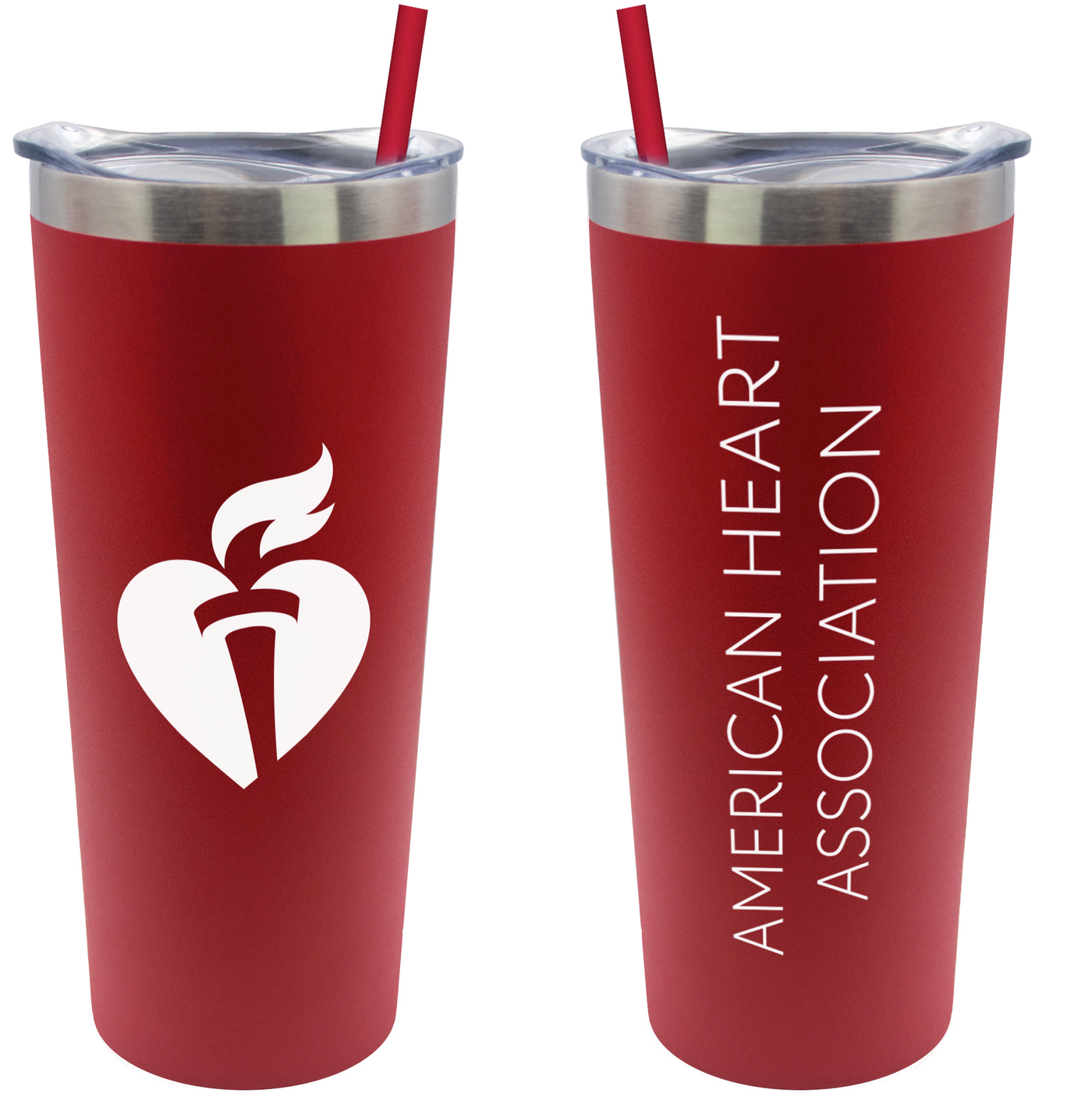 Image showing both sides of kick bottle. Left: White AHA Heart and Torch featured center. Right: vertical "AMERICAN HEART ASSOCIATION" text in white letters.