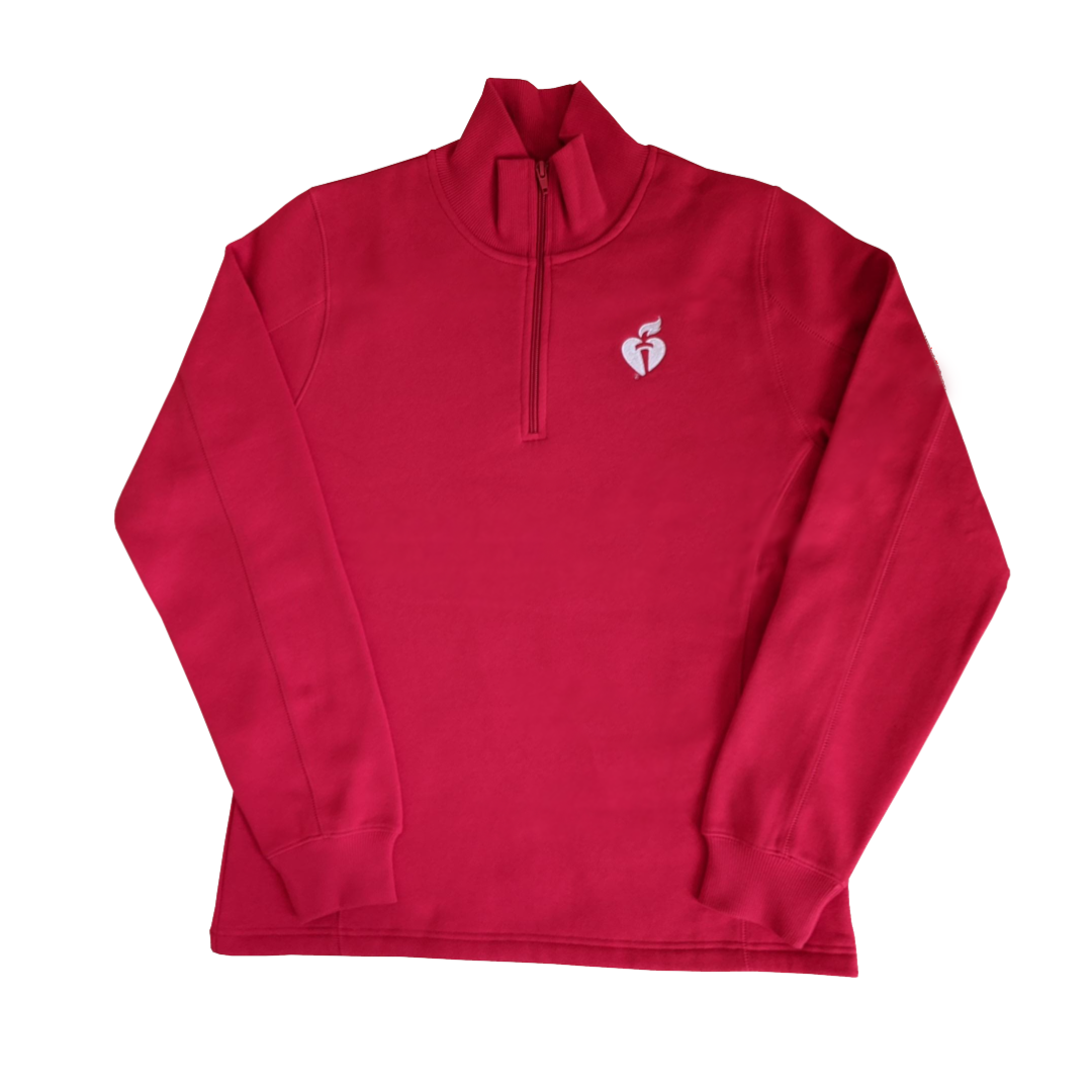 red quarter zip sweatshirt with white heart and torch embroidered on the chest