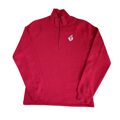 red quarter zip sweatshirt with white heart and torch embroidered on the chest