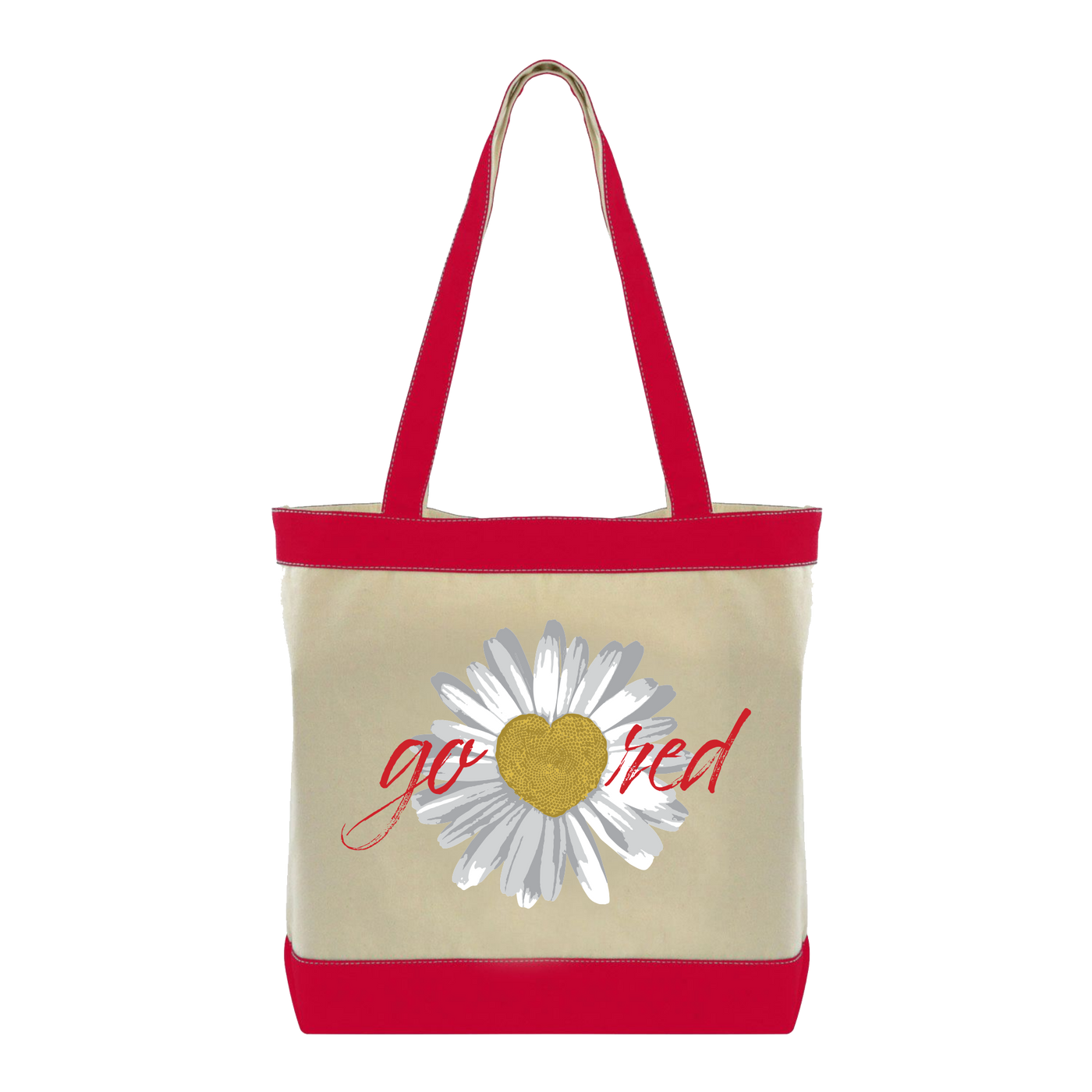 Front of tote: "Go Red" in flowy text on the sides of a daisy flower with a heart shaped middle. 