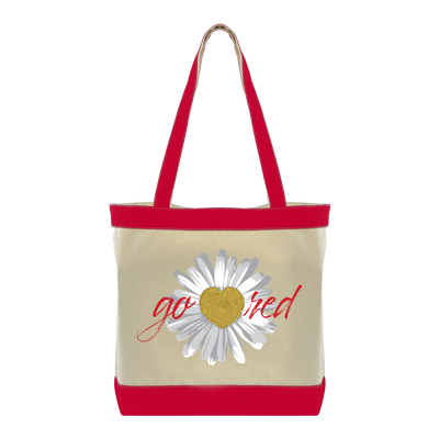 Front of tote: "Go Red" in flowy text on the sides of a daisy flower with a heart shaped middle. 