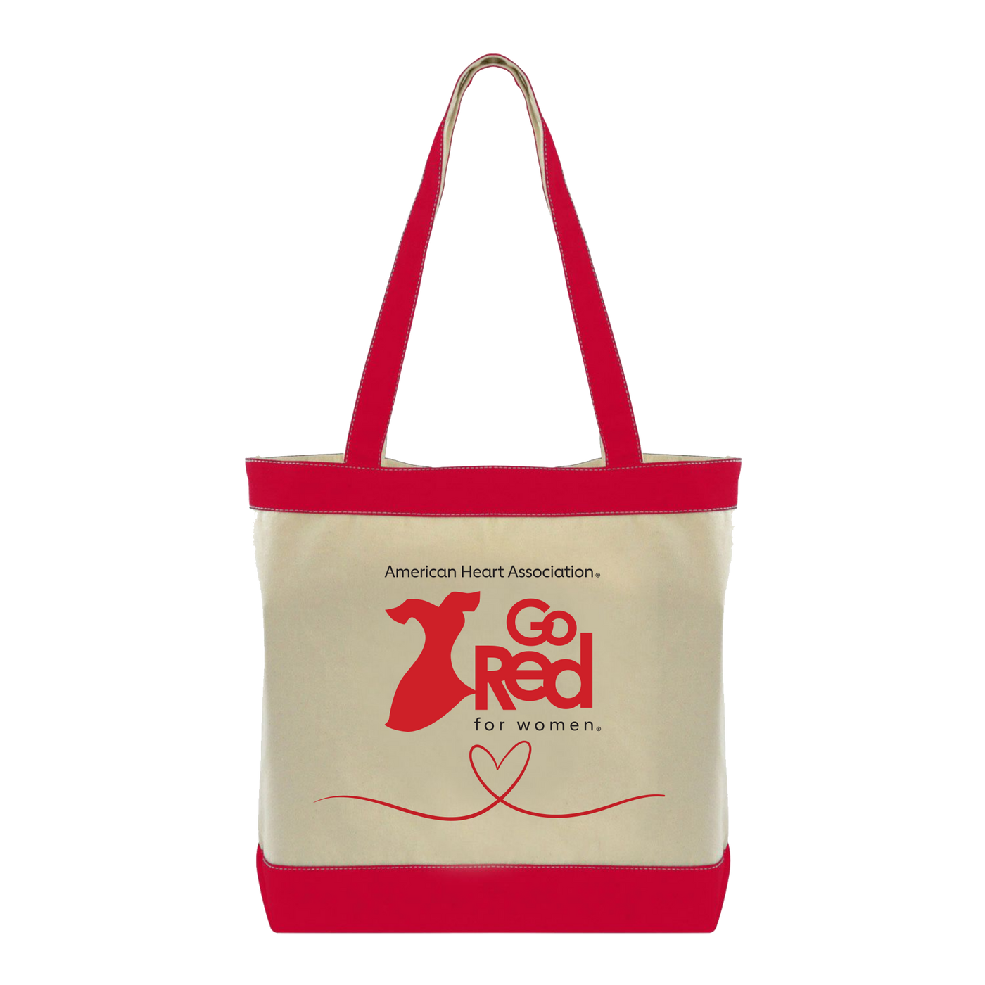 Back of tote: Big Go Red logo in middle with flowy heart on bottom.