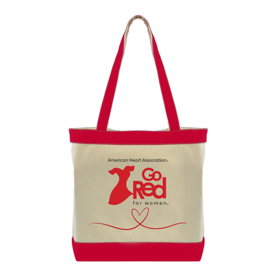 Back of tote: Big Go Red logo in middle with flowy heart on bottom.